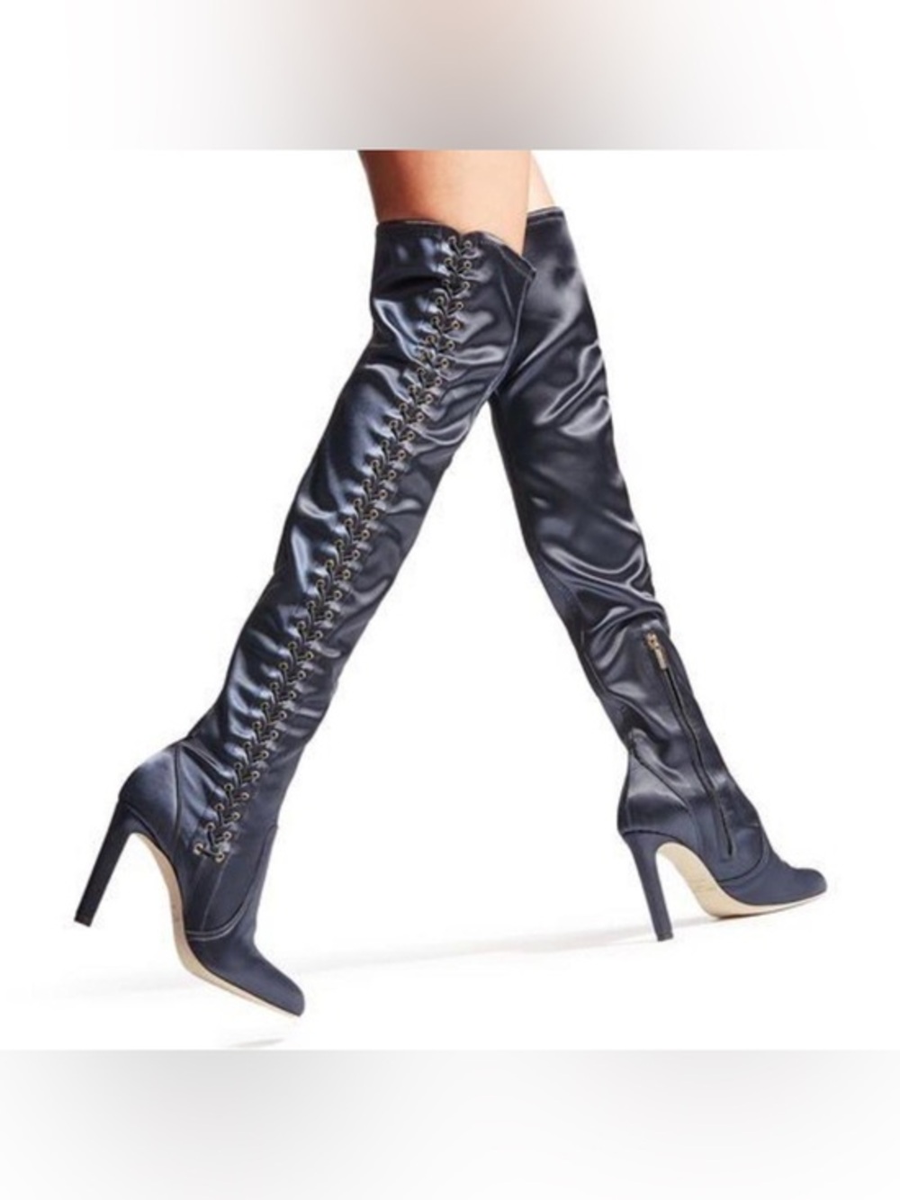 NEW Jimmy Choo Marie 100 Navy Satin Lace Up Over The Knee Boots 35 US 5